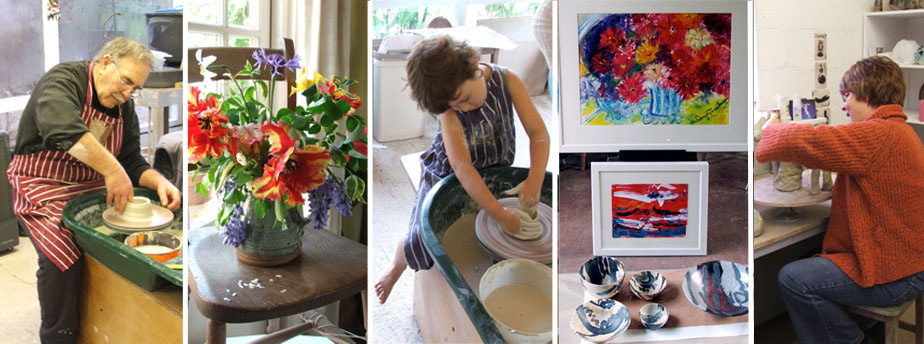 A composite picture of different potters working at Sandy Larkman's pottery in Suffolk